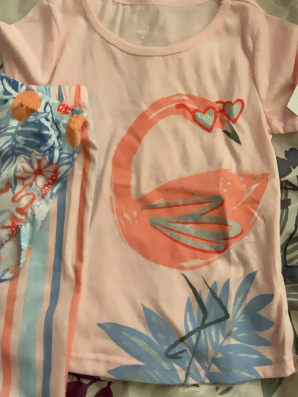 Carter's 3 pc Pink and Coral Swan Pajama Set with Blue Floral Accents & stripes